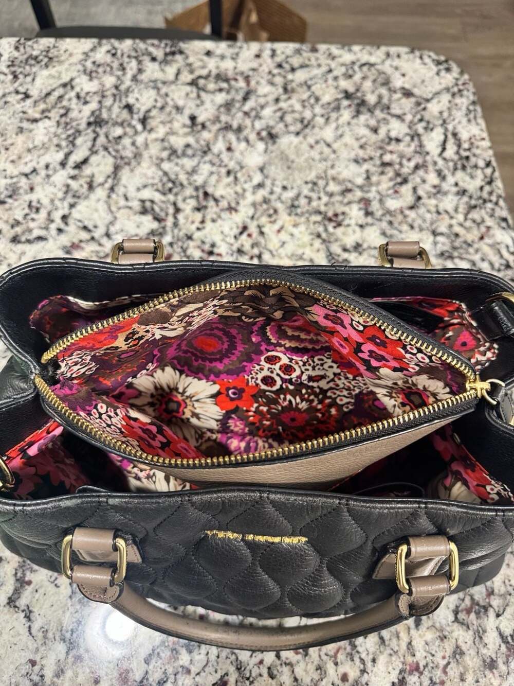 Vera Bradley Quilted Leather Satchel Tote Black Taupe Floral Lining - Picture 9 of 10